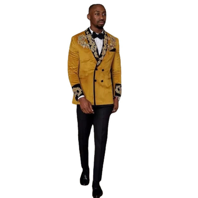 Yellow Velvet Men Suits Slim Fit with Double Breasted Groom Wedding Tuxedos Gold Lace Appliques Prom 2 Pieces Suit