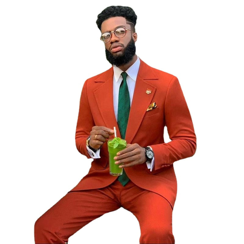 Nuevos conjuntos de traje naranja a medida para hombre, solapa con muesca para esmoquin de boda, 2 piezas, para novio, blazer, pantalones, chaqueta de graduación y pantalones. 