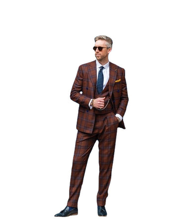 3 Pieces Spring Men Suits Brown Plaid Style Tuxedos Lapel Double Breast Formal Party Suits Custom Made