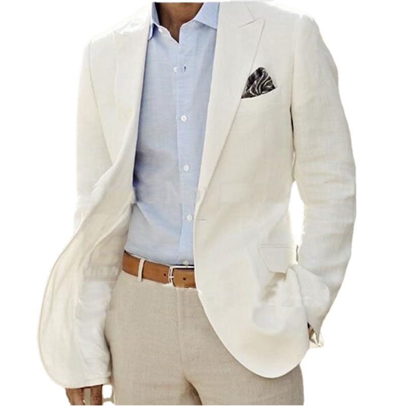 Men's White Linen Tuxedo Suit for Wedding & Groom (Blazer, Pants)