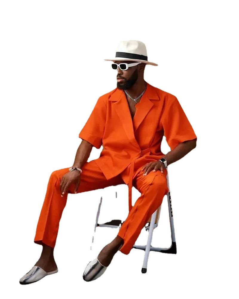 Bright Orange Men Suits Prom Terno Groom Wedding Slim Fit Costume Homme Blazer 2 Pcs (Jacket+Short Pants)