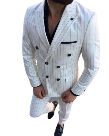 White Stripe Men Suits Slim Fit Wedding Groom Tuxedos Suit Costume Homme Prom  2 Pcs  (Jacket+Pants)