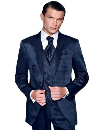 Groomsmen Peak Lapel Groom Tuxedos Shiny Navy Blue Men Suits Wedding Best Man Blazer 3 Pcs (Jacket+Pants+Vest)