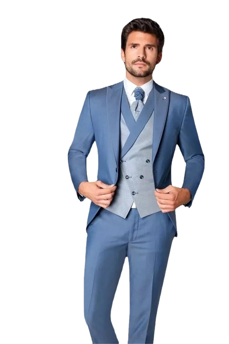 Blue Slim Fit Men Suits 3 Pcs Grey Vest Peak Lapel Costume Homme Grooms Wedding Tuxedos Terno Slim Fit Prom Blazer
