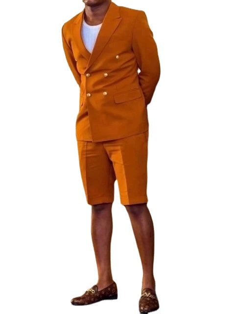 Peak Lapel Men Suits Prom Terno Groom Costume Double Breasted Blazer Wedding 2 Pieces (Jacket+Short Pants)