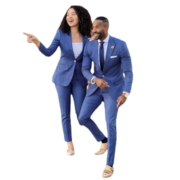 British Couple Blue Plaid Costume Homme Men Suits 2 Pieces Groom Wedding Tuxedos Terno Slim Fit Prom Jacket+Pants