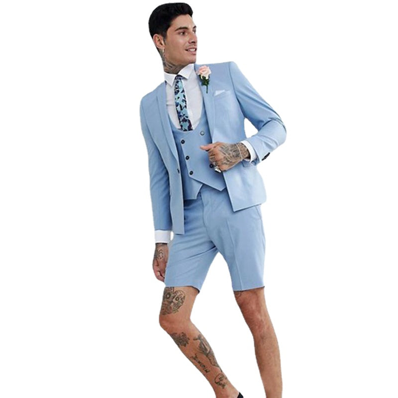 Summer Beach Sky Blue Men Wedding Tuxedos  Slim Fit One Button Shawl Lapel Groom Wear Suits Groomsman Prom Blazer 3 piece