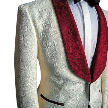 Real Photo Costume Homme Mariage Print Ivory Pattern Wedding Suits for Groom Tuxedos Jacquard Groosmen Blazer 2 Pcs