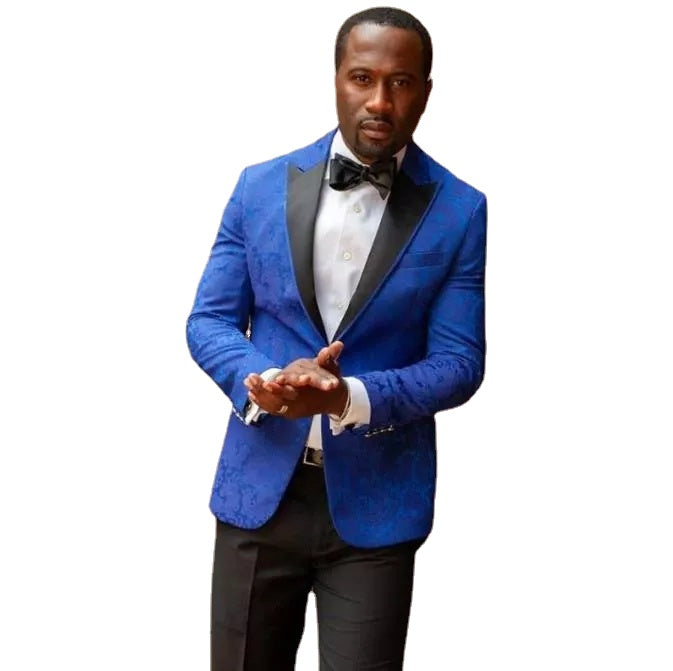 Royal Blue Floral Pattern Men Suits Groom One Button Wedding Slim Fit Prom Terno Blazer (Jacket+Pants)