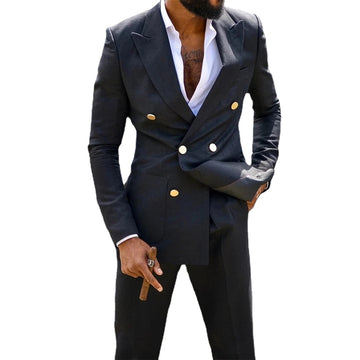 2 Piece Men Suits Metal Button Formal Wedding Tuxedos Cotton Double Breasted Customized Lapel Party Suit Coat+Pants