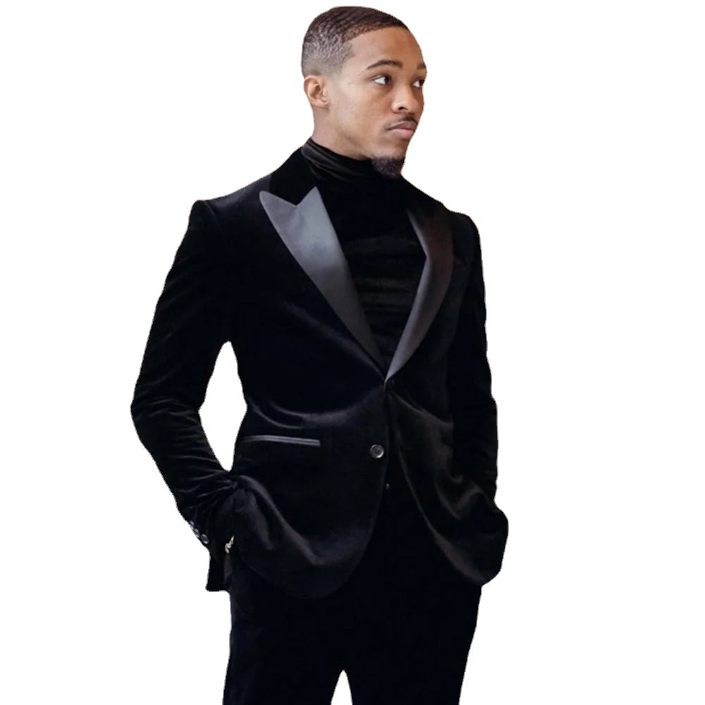 Velvet Men Suits Slim Fit Groomsmen Wedding Tuxedos 2 Pieces Sets Black Peaked Lapel Blazers Formal Suit With Jacket And Pants