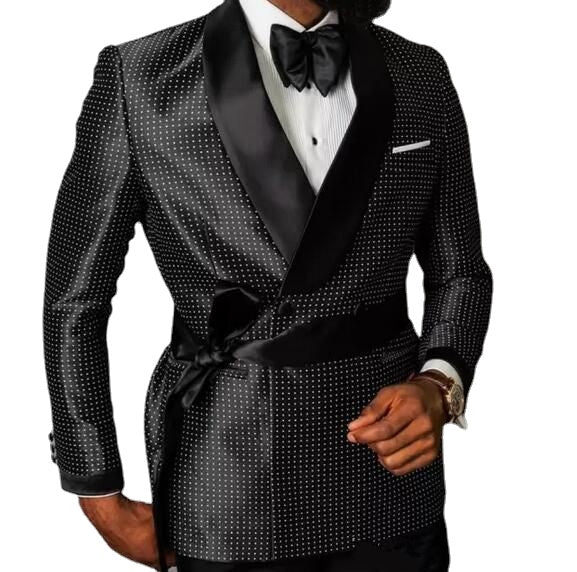 Double Breasted Black Polka Dot Groom Tuxedos Shawl Lapel Men Suits 2 pieces WeddingPromDinner Blazer (Jacket+Pants+Bowtie)