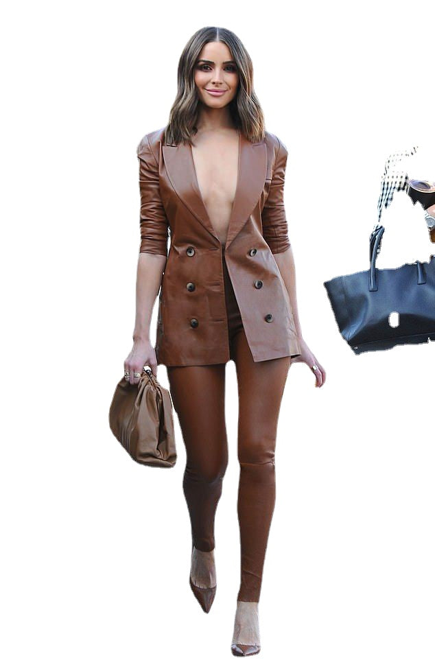 Trajes de pantalón de cuero para mujer, de primavera, color marrón, para negocios, formales, de oficina, conjuntos de 2 piezas, uniforme de oficina 
