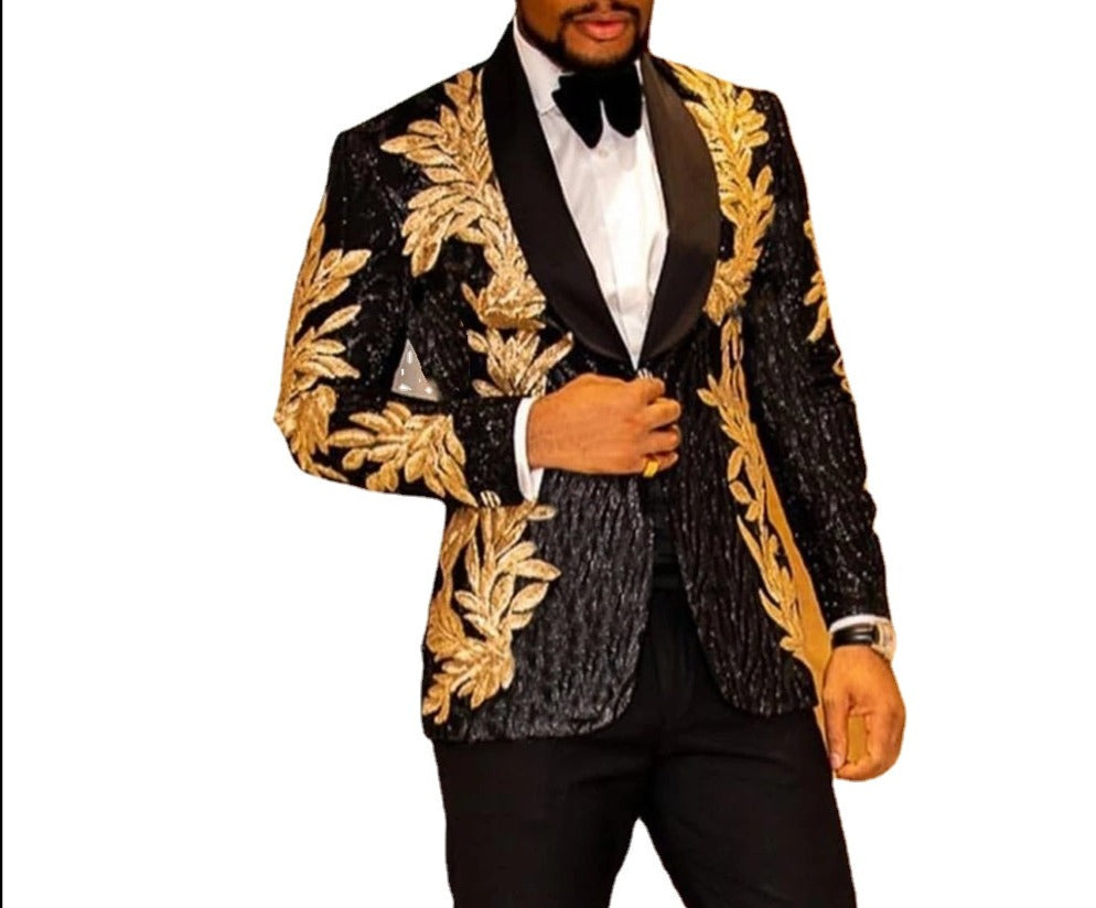 Gro Suit Men's Sequins Floral 2 Pieces Set Suits Singer Performance Wedding Gro