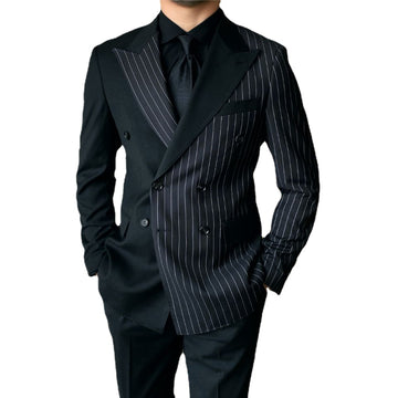Double Breasted Black Striped Men Suits For Wedding Custom Made Groom Dress Tuxedos Costume Homme Best Man Blazer Pants