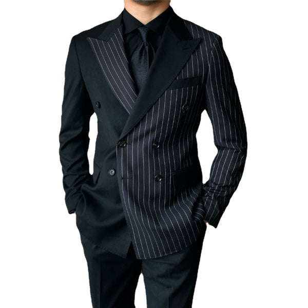 Double Breasted Black Striped Men Suits For Wedding Custom Made Groom 2352