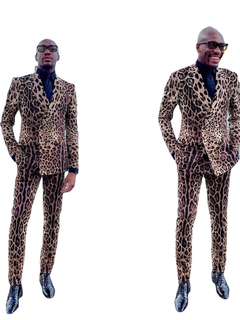 Suits Men Blazer Leopard Print Double Breasted Slim Fit Smoking Jacket Tailcoat Knight Suit Man Dress Up 2 Piece Tuxedo