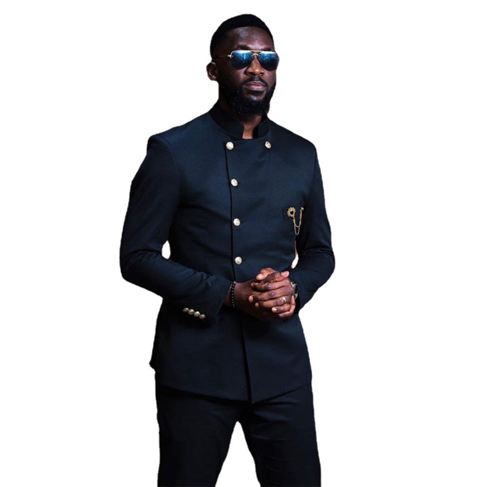 Costume 2 pièces noir pour homme, col haut, blazer, pantalon, coupe slim, smoking, croisé, tenue de marié, veste de bal, pantalon 