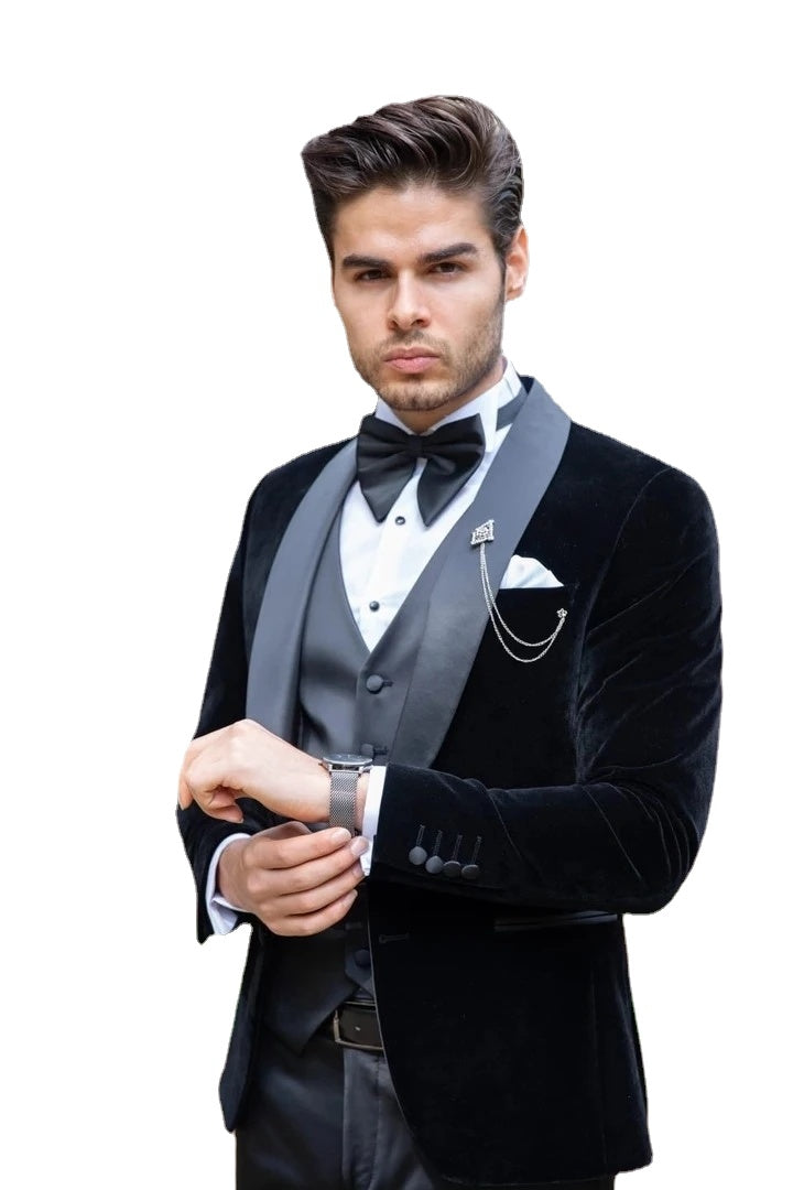 Business Wedding Wear Costume Homme Black Velvet Men Suits Groom Tuxedos Terno Slim Fit 3 Pieces Jacket Pant Vest