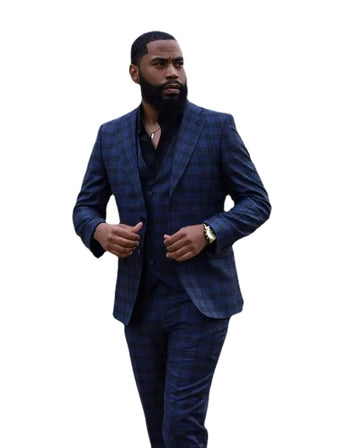 Dark Blue Damier Check Men Suit Notched Lapel For Wedding Tuxedos Three Pieces Groom Wear Prom Blazers (Jacket+Vest+Pants)