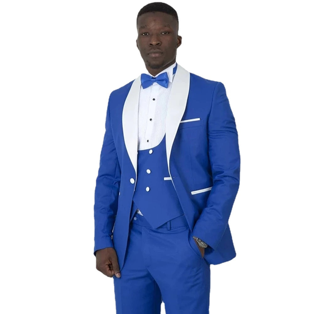Blue Men Suits White Shawl Lapel Business Wear Wedding Groom Prom Tuxedos Formal Party Custom Made Blazer Sets Jacket+Vest+Pants