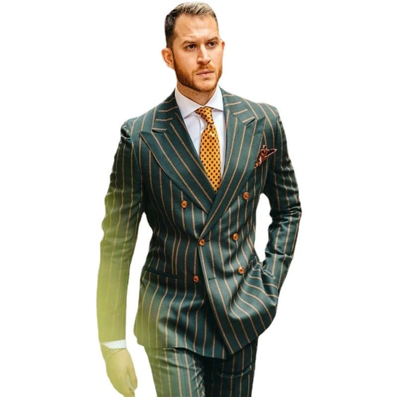 Green Orange Striped Men Suits Double Breasted Slim Fit 2 Pieces Groom Blazer Jacket+Pant