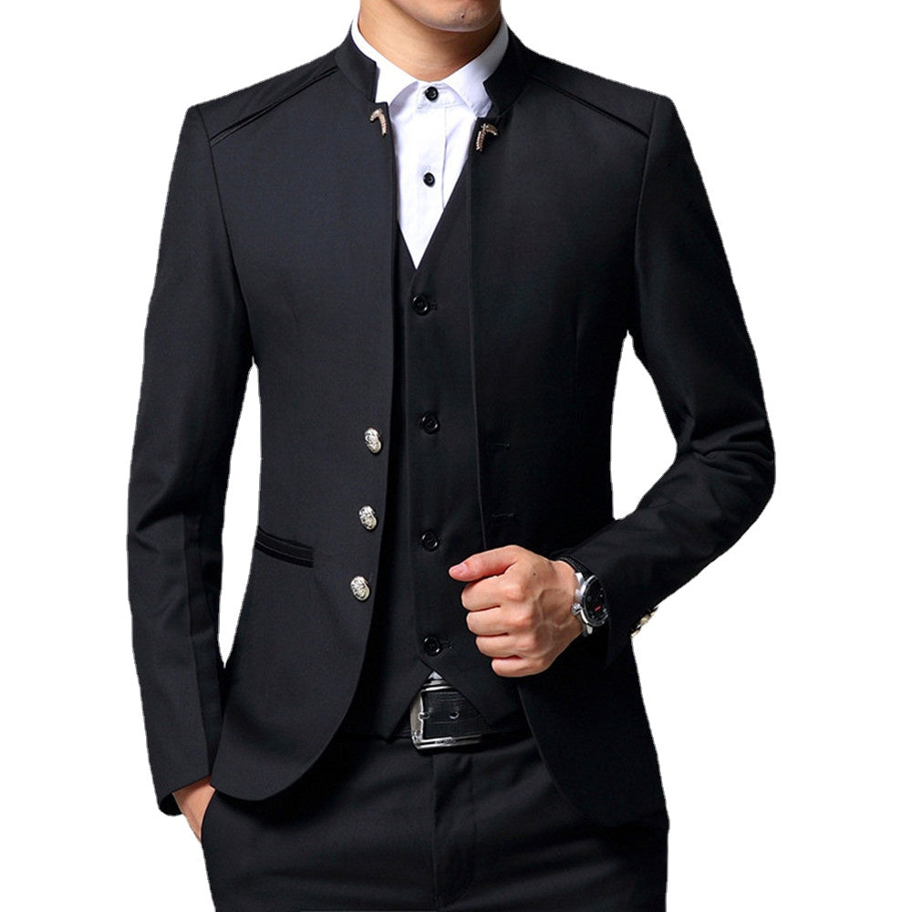 Men's Social Classic 3Piece Suit For Men Slim Fit Business Blazer Set Stand Collar Formal Wedding Suit(Jacket+Pants+Vest)