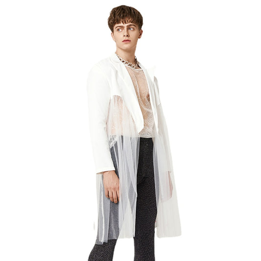 Men Blazer Mesh Patchwork Lapel Long Sleeve Open Stitch Long Suits Streetwear Thin Coats