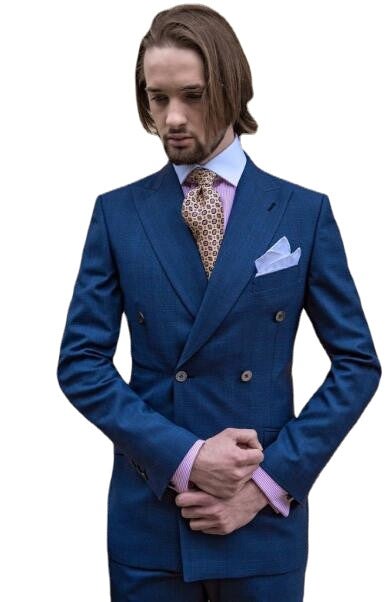 Conjunto de dos piezas de chaqueta, pantalón y corbata con solapa de pico para hombre, estilo blazer azul informal de doble botonadura para boda. 