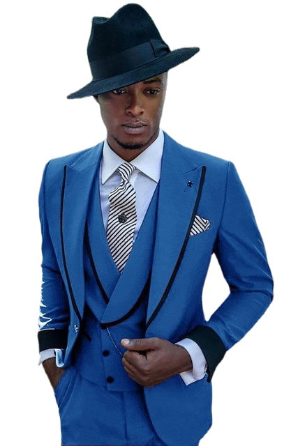 Royal Blue Men Suits Black Peak Lapel Costume Wedding Groom Tuxedos Terno Slim Fit Prom Blazer 3 Pcs Jacket+Pant+Vest