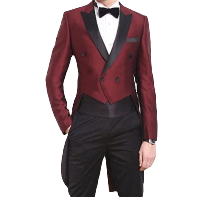 Traje de hombre para boda, 2 piezas (chaqueta, pantalón y faja), color burdeos, corte entallado, personalizado 