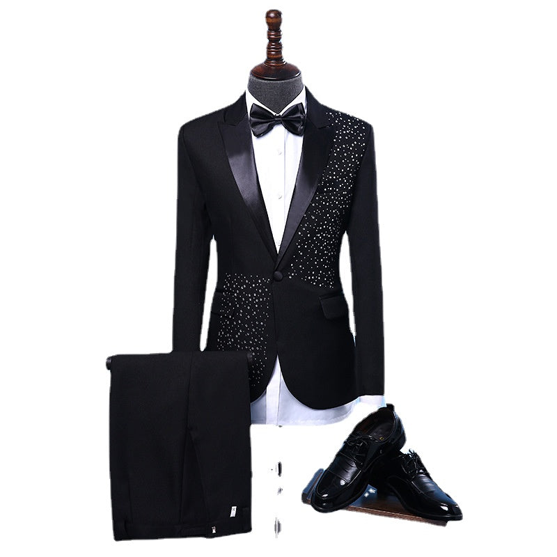 Slim Fit Singer Stage Host Performance Suit Men Wedding Groom Emcee Diamond Dress