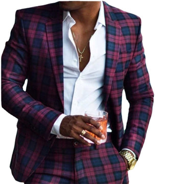 Red Plaid Wedding Tuxedos Slim Fit Men Suits 2 Pieces Custom Made One Button Peaked Lapel Blazer Jacket+Pant