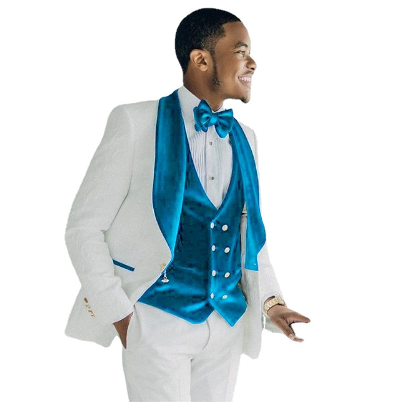 Costume Homme White Jacquard Men Suits For Wedding 3 Pieces Luxury Velvet Lapel Groom Tuxedos Party Prom Terno Blazer