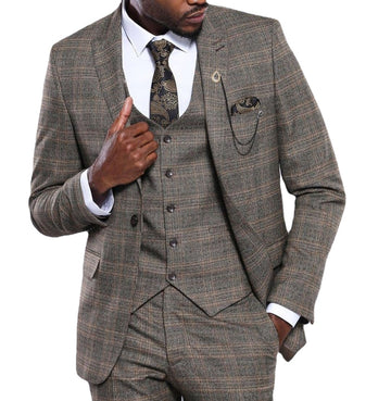 Brown Plaid Men Suit Tailor-Made 3 Pieces Blazer Vest Pants One Button Gentle Wedding Groom Causal Prom Tailored