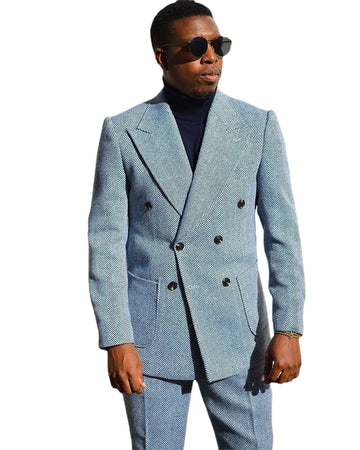 Herringbone Men Suits Lapel Light Blue Vintage Tailored Fit Suits For Best Men Double Breasted Coat+Pant