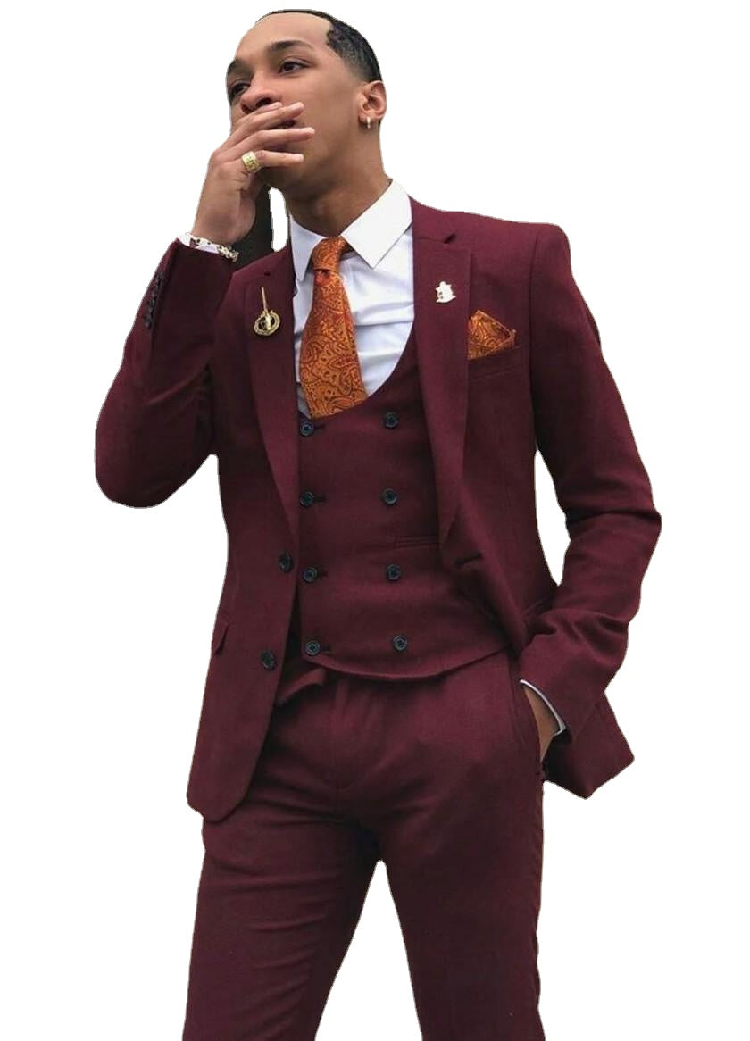 Burgundy Groom Tuxedos Notch Lapel Groomsman Wedding 3 Piece Suit Men Business Prom Terno (Jacket+Pants+Tie+Vest)