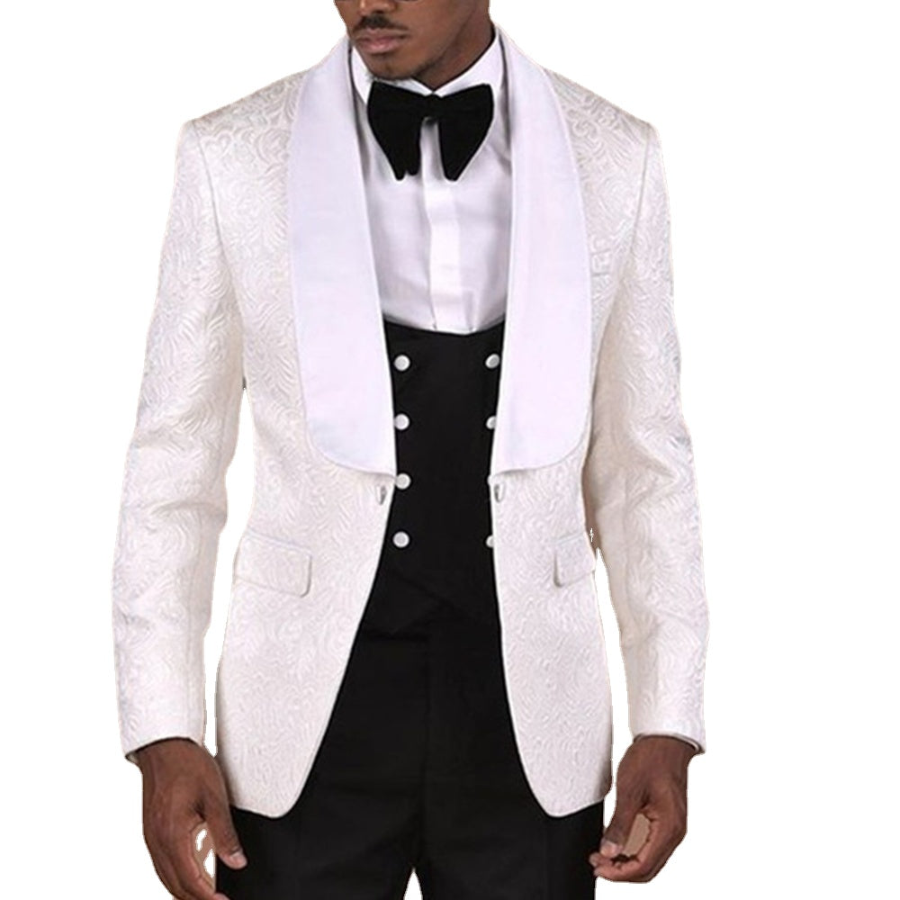 Costume 3 pièces pour homme, motif blanc avec gilet croisé noir, smoking de marié, costume de mariage pour homme