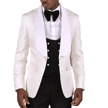 White Pattern With Double Breasted Black Vest Men Suit 3 pieces Groom Tuxedos Groomsmen Wedding Blazer Suits For Men