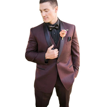 Burgundy Men Wedding Costume 3 Pieces Prom Suit Wedding Suits Slim Fit Groom Suits Wedding Tuxedos Shawl Lapel