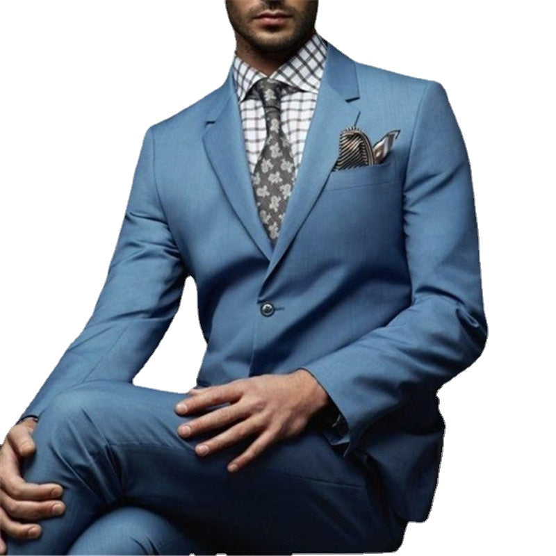 Men's Blue Italian Style 2-Piece Work Wear Suit for Groom Wedding (Jacket, Pants, Tie)