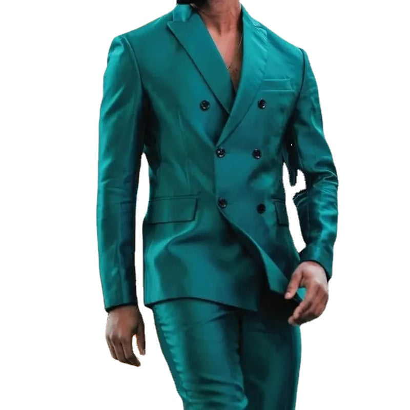 Design Shiny Double Breasted Men Suits Peaked Lapel Costume Homme Tuxedos Groom Prom Slim Fit Blazer 2 Pieces Jacket+Pant