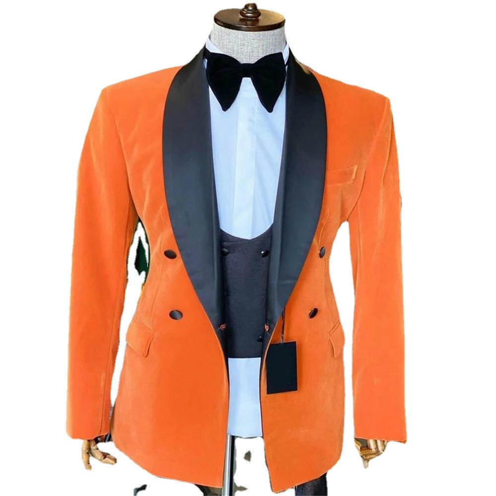 Orange Men Suits Black Lapel Costume Homme Wedding Groom Tuxedos Terno Slim Fit Prom Blazer 3 Pcs Jacket+Pant+Vest