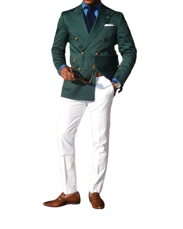 Green Men Suits for Wedding Groom Tuxedo Slim Fit Two Piece Prom Party Blazer Homme Formal Business Jacket White Pants Set