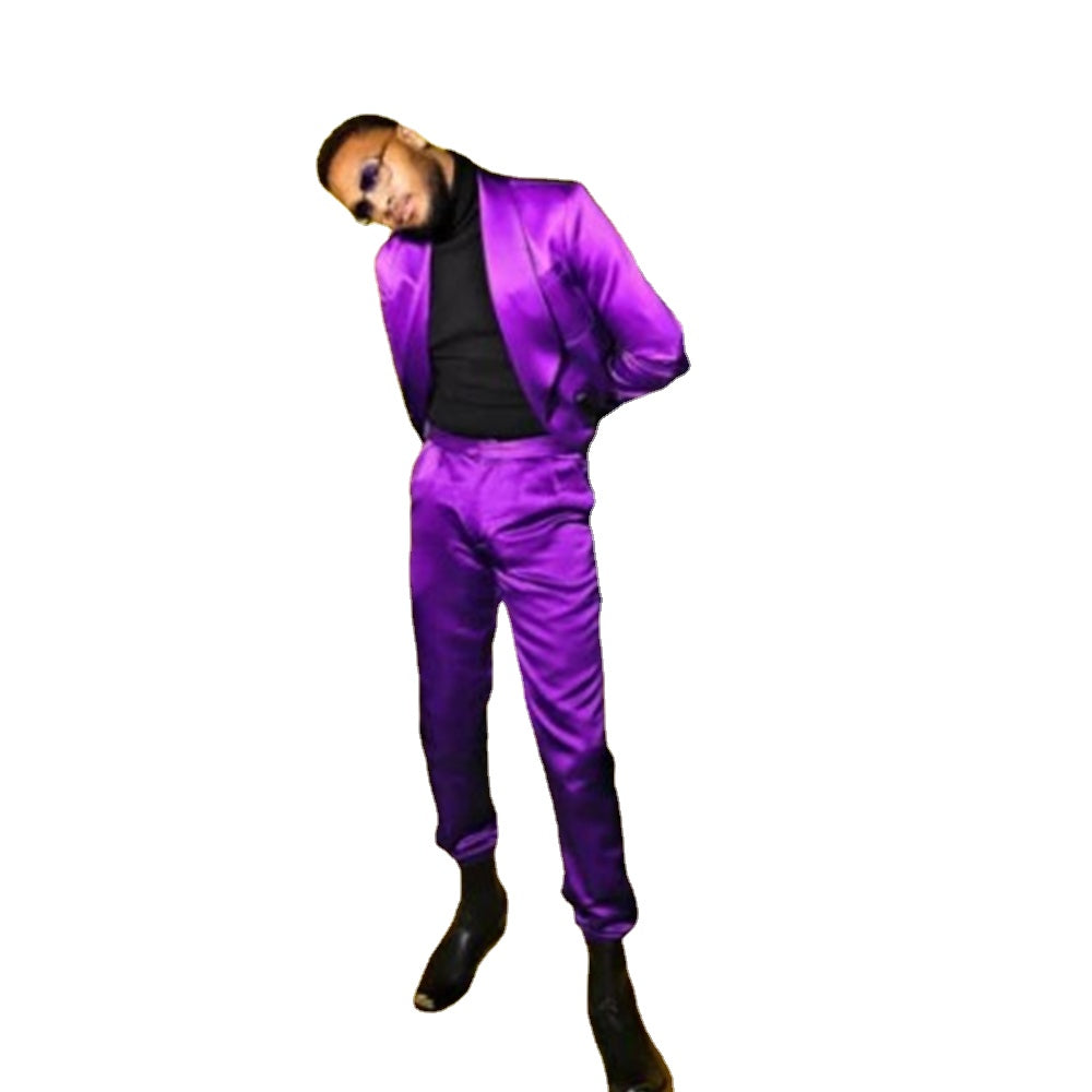 Trajes para hombre de satén morado, 2 piezas, trajes de escenario, conjuntos de blazer italiano de lujo, vestido de novia, esmoquin 
