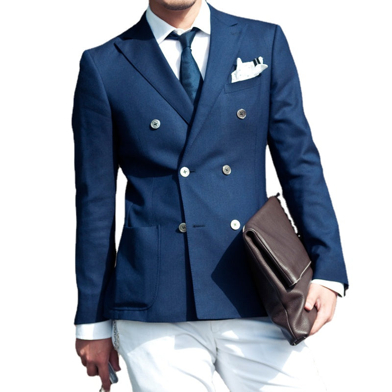 Costume 2 pièces bleu marine croisé pour homme, slim, pantalon blanc, smoking de mariage, bal de promo, mariage, affaires (veste + pantalon) 
