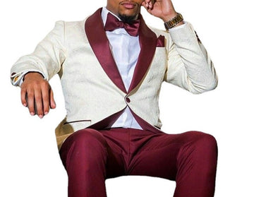 Custom Made Men Suits Ivory Jacquard Blazer Burgundy Lapel Groom Tuxedos Slim Fit Men Wedding Prom Party Suit (Jacket+Pants)