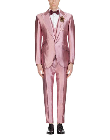 Shinny Pink Wedding Men Suits Peaked Lapel One Button  Groom Prom Blazer Slim Fit 3 Pcs (Jacket+Pant+Vest)