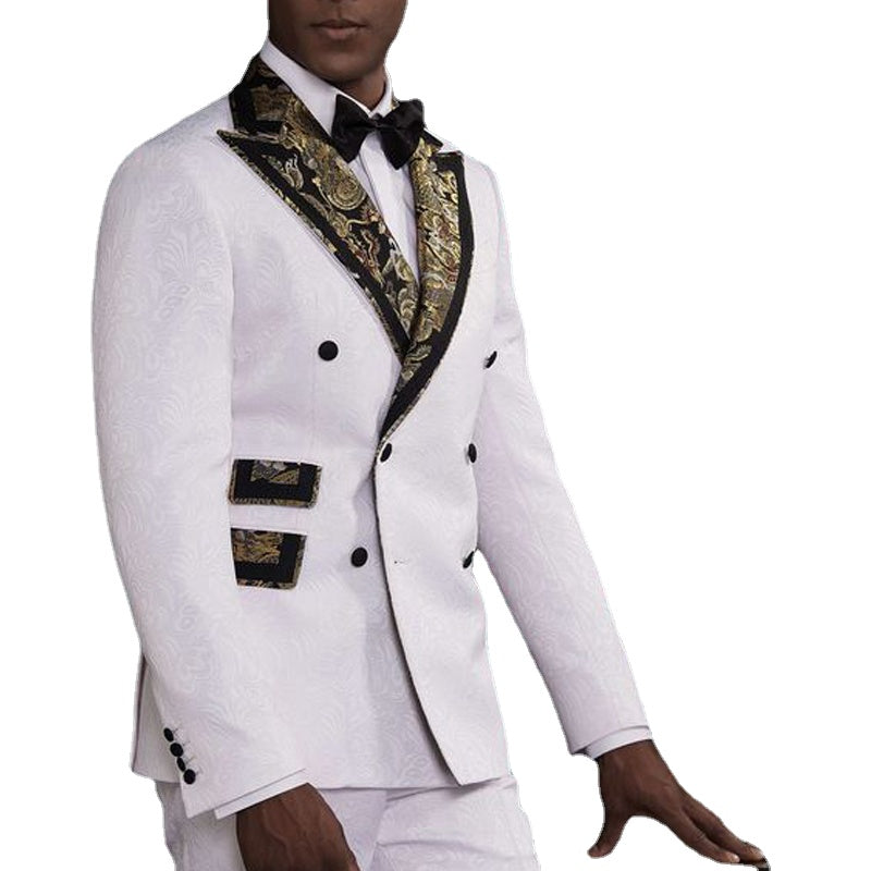 Double Breasted White Floral Suits Men Wedding Man Tuxedos Grooms 3 Piece Costume Slim Fit Design Clothes