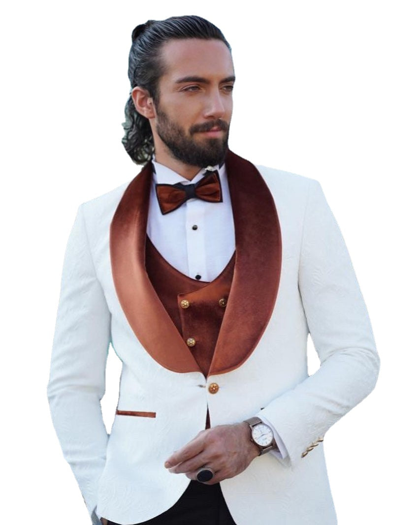 Conjuntos de Blazer, Traje Masculino, Blazer Jacquard Blanco, Cuello y Chaleco de Terciopelo Marrón, Traje de Novio de Lujo de 3 Piezas para Boda, Frac 
